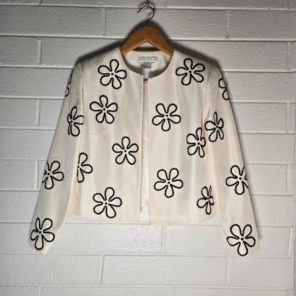 Maggy London Silk Jacket 10 Floral Beaded Blazer Minimalist Office Lady Career